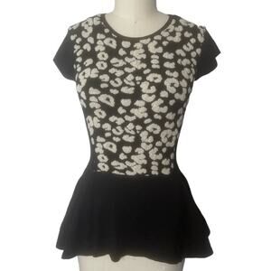 Rebecca Taylor Black and White Leopard Short Sleeve Knit Peplum Top Small